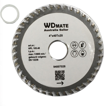 A circular saw blade labeled "105mm Wood Circular Cutting Saw 40T TCT 4" Circular 20/16mm ATB Blade Timber" with specifications including 4" x 40T x 20, and a maximum speed of 13,900 min^-1. Designed for wood cutting, the tungsten carbide tipped blade features safety icons and a QR code at the center. Also shown is a washer for mounting the blade.