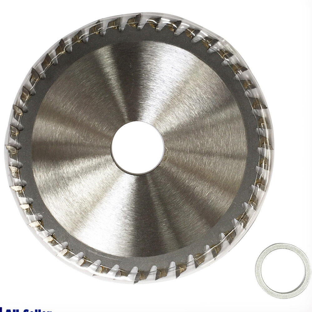 A circular saw blade labeled "105mm Wood Circular Cutting Saw 40T TCT 4" Circular 20/16mm ATB Blade Timber" with specifications including 4" x 40T x 20, and a maximum speed of 13,900 min^-1. Designed for wood cutting, the tungsten carbide tipped blade features safety icons and a QR code at the center. Also shown is a washer for mounting the blade.