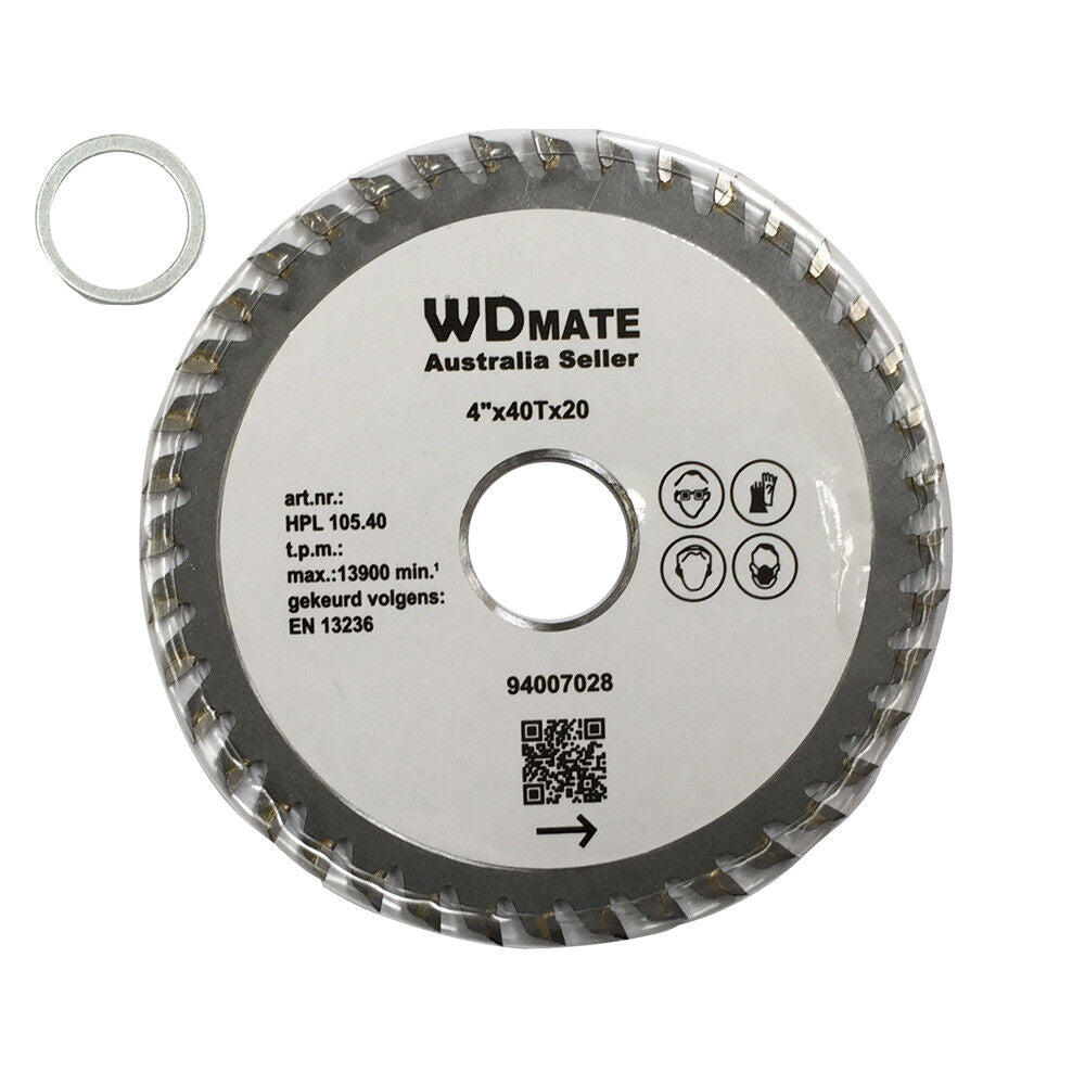 A circular saw blade labeled "105mm Wood Circular Cutting Saw 40T TCT 4" Circular 20/16mm ATB Blade Timber" with specifications including 4" x 40T x 20, and a maximum speed of 13,900 min^-1. Designed for wood cutting, the tungsten carbide tipped blade features safety icons and a QR code at the center. Also shown is a washer for mounting the blade.