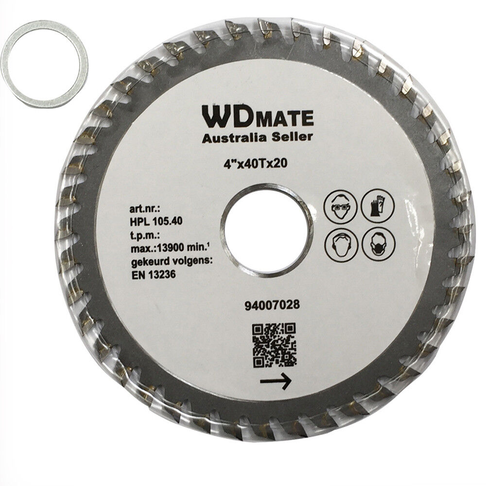 A **2x 105mm 40T TCT Wood Cutting Saw Blade ATB 1.0mm 4" Circular 20/16 Timber Wheel** labeled "WDMATE Australia Seller," with specifications "4”x40Tx20" and "max: 11300 min-1." The tungsten carbide tipped blade features a QR code, warning symbols for gloves, eye, and hearing protection, along with a loose metal ring beside it.