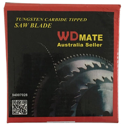 A **2x 105mm 40T TCT Wood Cutting Saw Blade ATB 1.0mm 4" Circular 20/16 Timber Wheel** labeled "WDMATE Australia Seller," with specifications "4”x40Tx20" and "max: 11300 min-1." The tungsten carbide tipped blade features a QR code, warning symbols for gloves, eye, and hearing protection, along with a loose metal ring beside it.