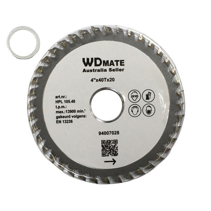 A **2x 105mm 40T TCT Wood Cutting Saw Blade ATB 1.0mm 4" Circular 20/16 Timber Wheel** labeled "WDMATE Australia Seller," with specifications "4”x40Tx20" and "max: 11300 min-1." The tungsten carbide tipped blade features a QR code, warning symbols for gloves, eye, and hearing protection, along with a loose metal ring beside it.