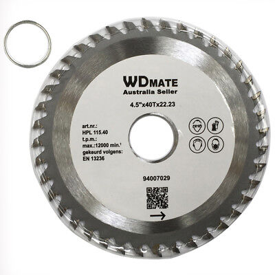 A silver circular saw blade labeled "115mm 40T TCT Wood Cutting Disc Circular Saw Blade ATB 1.2mm 4.5\" 22.23/20mm" with specifications: 4.5" x 40T x 22.23, model number HPL 115.40, 12000 min-1, EN 13236. The tungsten carbide tipped blade is ideal for general purpose wood cutting and is displayed alongside a small metal ring.
