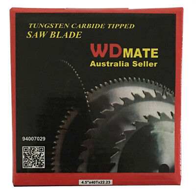 A silver circular saw blade labeled "115mm 40T TCT Wood Cutting Disc Circular Saw Blade ATB 1.2mm 4.5\" 22.23/20mm" with specifications: 4.5" x 40T x 22.23, model number HPL 115.40, 12000 min-1, EN 13236. The tungsten carbide tipped blade is ideal for general purpose wood cutting and is displayed alongside a small metal ring.
