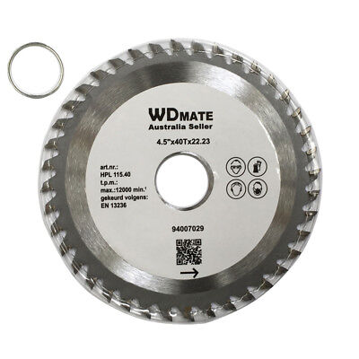 A silver circular saw blade labeled "115mm 40T TCT Wood Cutting Disc Circular Saw Blade ATB 1.2mm 4.5\" 22.23/20mm" with specifications: 4.5" x 40T x 22.23, model number HPL 115.40, 12000 min-1, EN 13236. The tungsten carbide tipped blade is ideal for general purpose wood cutting and is displayed alongside a small metal ring.
