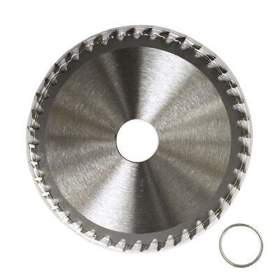 A silver circular saw blade labeled "115mm 40T TCT Wood Cutting Disc Circular Saw Blade ATB 1.2mm 4.5\" 22.23/20mm" with specifications: 4.5" x 40T x 22.23, model number HPL 115.40, 12000 min-1, EN 13236. The tungsten carbide tipped blade is ideal for general purpose wood cutting and is displayed alongside a small metal ring.
