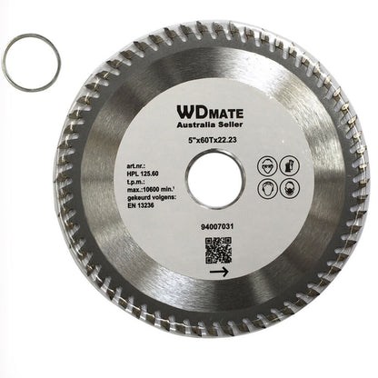 A circular saw blade labeled "125mm 60T Wood Cutting Disc 5.0" TCT Circular Saw Blade ATB 22.2/20 Timber Wheel," designed for wood cutting, with jagged teeth around the edge and a hole in the center. The tungsten carbide tipped blade is accompanied by a smaller ring with inner and outer diameters. The label includes technical details and a QR code.