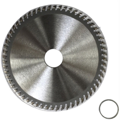 A circular saw blade labeled "125mm 60T Wood Cutting Disc 5.0" TCT Circular Saw Blade ATB 22.2/20 Timber Wheel," designed for wood cutting, with jagged teeth around the edge and a hole in the center. The tungsten carbide tipped blade is accompanied by a smaller ring with inner and outer diameters. The label includes technical details and a QR code.