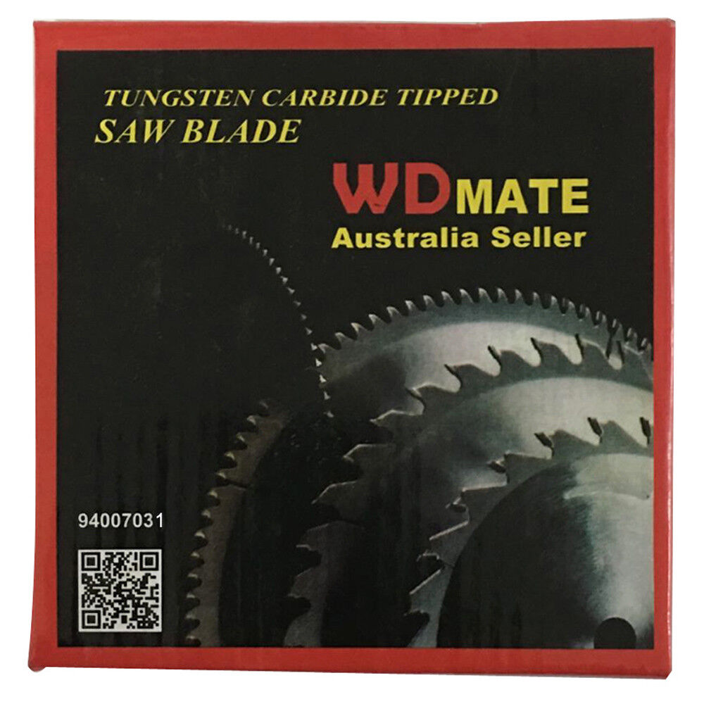 A circular saw blade labeled "125mm 60T Wood Cutting Disc 5.0" TCT Circular Saw Blade ATB 22.2/20 Timber Wheel," designed for wood cutting, with jagged teeth around the edge and a hole in the center. The tungsten carbide tipped blade is accompanied by a smaller ring with inner and outer diameters. The label includes technical details and a QR code.