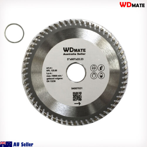 A circular saw blade branded "2x Wood Cutting 125mm 60T 5.0" TCT Circula Saw Blade 22.23/20 Timber ATB Sharp" and accompanying washer are pictured. This tungsten carbide tipped blade has a diameter of 5 inches and 60 teeth, with specifications written on the center label. The bottom left corner shows an Australian flag icon and text "AU Seller.