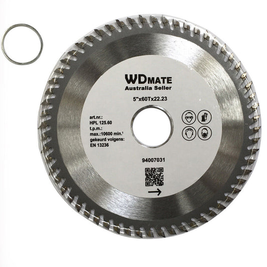 3x Wood Cutting 125mm 60T 5.0" TCT Circula Saw Blade 22.23/20 Timber ATB Sharp labeled "WDMATE Australia Seller," measuring 5 inches by 60 teeth by 22.23mm, ideal as a tungsten carbide tipped cross cutting wheel. The center reads specifications including max RPM and compliance standards. Beside the blade is a metal ring, with a QR code visible at the bottom of the label.
