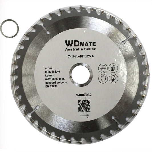 The 185mm Wood Cutting Disc 40T TCT Disc 7-1/4" Circular Saw Blade 25.4/22 Timber, ideal for wood cutting, features tungsten carbide-tipped teeth around its 7-1/4"x40Tx25.4 perimeter. It includes a QR code, various safety icons, and an attached metal ring for stability.