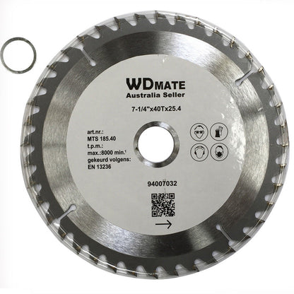 Circular saw blade with the brand name "WDMATE" and the text "Australia Seller" on the central label. This 3x 185mm 40T TCT Wood Cutting Disc ATB Sharp 1.5*7-1/4" Saw Blade 25.4/22 Timber features tungsten carbide tipped teeth and a 25.4 mm arbor size. Symbols indicate safety guidelines, and there is a QR code along with other specifications.
