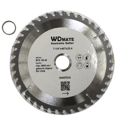 Circular saw blade with the brand name "WDMATE" and the text "Australia Seller" on the central label. This 3x 185mm 40T TCT Wood Cutting Disc ATB Sharp 1.5*7-1/4" Saw Blade 25.4/22 Timber features tungsten carbide tipped teeth and a 25.4 mm arbor size. Symbols indicate safety guidelines, and there is a QR code along with other specifications.
