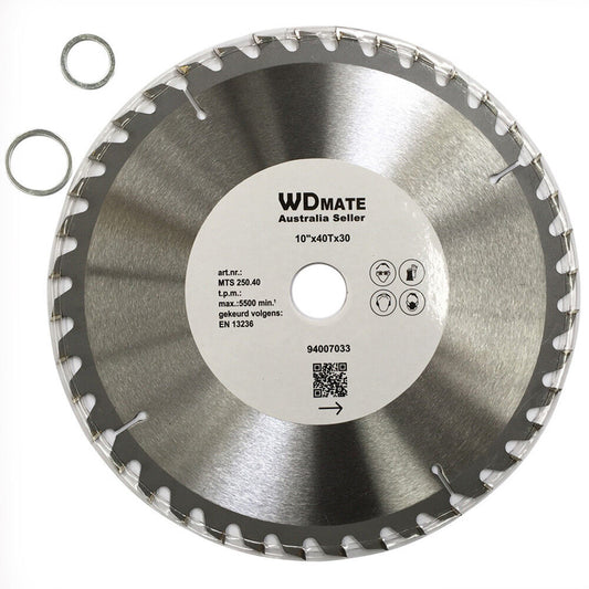 A 250mm 40T TCT Wood Cutting Circular Saw Blade Disc 1.8 30 /25.4 Wheel Timber ATB with a metallic finish, designed for general-purpose wood cutting. It features 36 tungsten carbide tipped teeth and has a labeled center area displaying technical specifications, including a 10-inch diameter, 40 teeth, and a 30mm arbor hole. Two small washer rings are positioned to the left of the blade.