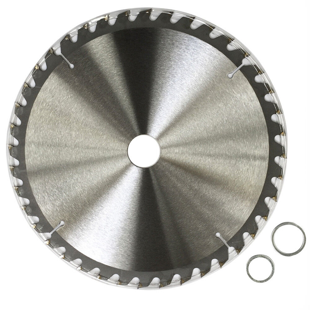 A circular saw blade labeled "2x 250mm 40T Wood Cutting Circular Saw Blade Disc 10" TCT Wheel Timber ATB Sharp" designed for efficient wood cutting. This tungsten carbide tipped blade features numerous teeth along its silver outer edge, with a white center displaying specifications. Two washers are placed near the blade.