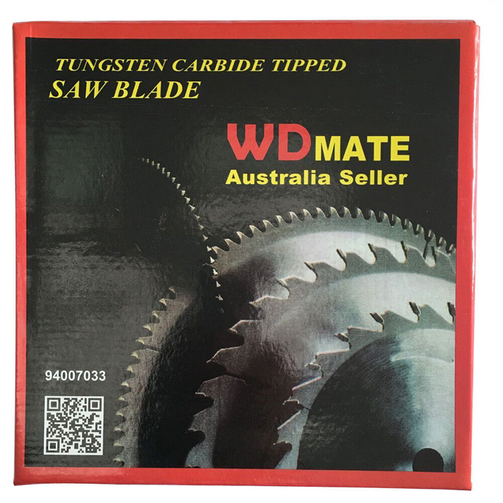 A circular saw blade labeled "2x 250mm 40T Wood Cutting Circular Saw Blade Disc 10" TCT Wheel Timber ATB Sharp" designed for efficient wood cutting. This tungsten carbide tipped blade features numerous teeth along its silver outer edge, with a white center displaying specifications. Two washers are placed near the blade.