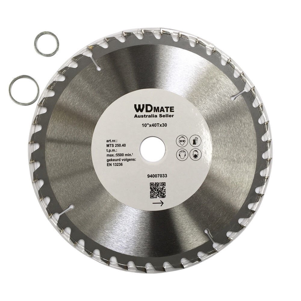 A circular saw blade labeled "2x 250mm 40T Wood Cutting Circular Saw Blade Disc 10" TCT Wheel Timber ATB Sharp" designed for efficient wood cutting. This tungsten carbide tipped blade features numerous teeth along its silver outer edge, with a white center displaying specifications. Two washers are placed near the blade.