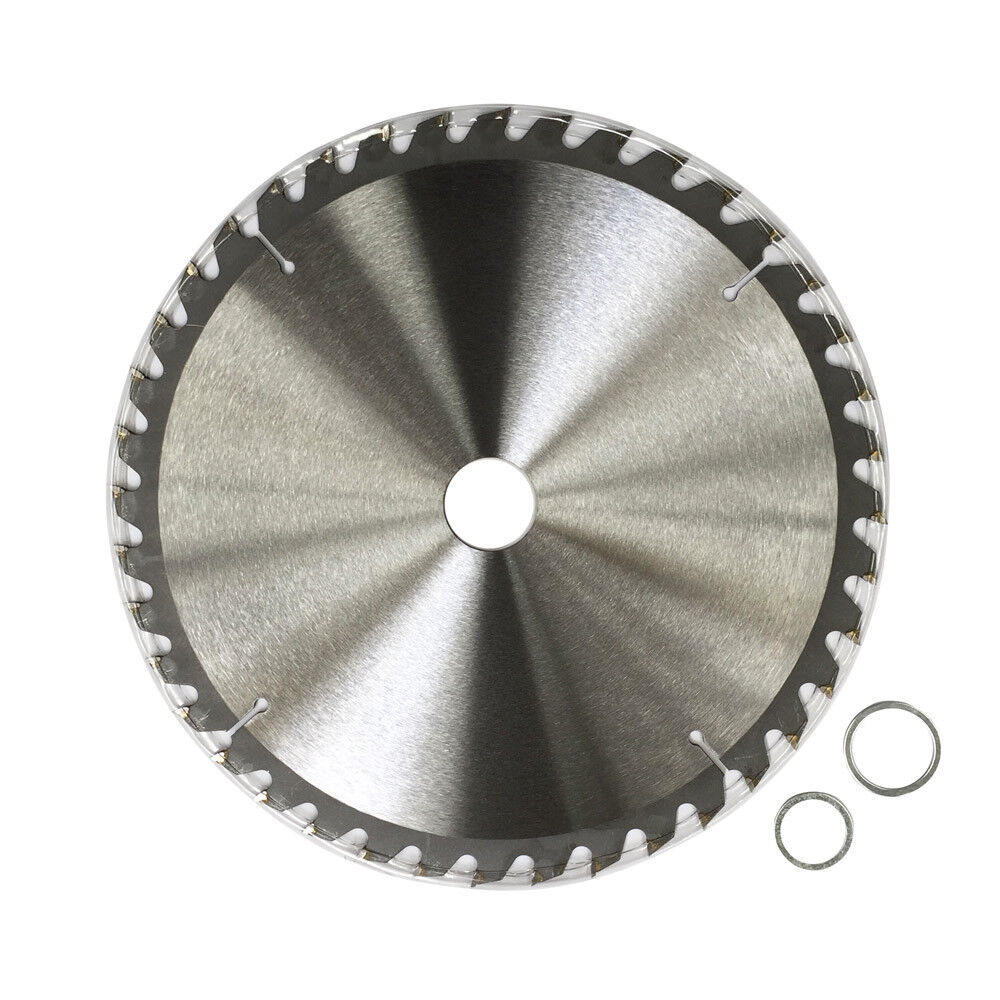 A circular saw blade labeled "2x 250mm 40T Wood Cutting Circular Saw Blade Disc 10" TCT Wheel Timber ATB Sharp" designed for efficient wood cutting. This tungsten carbide tipped blade features numerous teeth along its silver outer edge, with a white center displaying specifications. Two washers are placed near the blade.