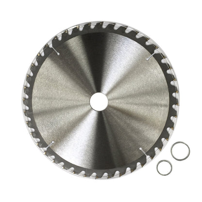 A circular saw blade labeled "2x 250mm 40T Wood Cutting Circular Saw Blade Disc 10" TCT Wheel Timber ATB Sharp" designed for efficient wood cutting. This tungsten carbide tipped blade features numerous teeth along its silver outer edge, with a white center displaying specifications. Two washers are placed near the blade.