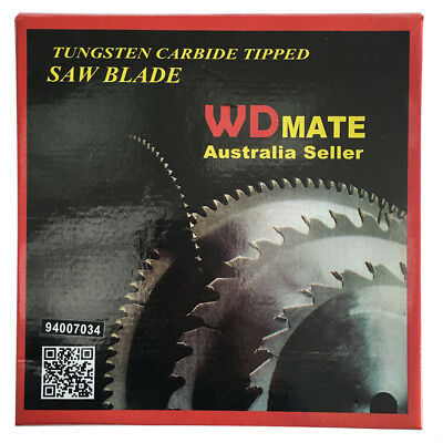 A 250mm 60TSaw Blade Wood Circular Cutting Disc TCT 1.8 10" 30/25.4/22 ATB Timber from the brand WDMATE, labeled "Australia Seller." The box design features an image of the wood cutting saw blades and includes a QR code with the number 94007034 below it. The box has a red border.