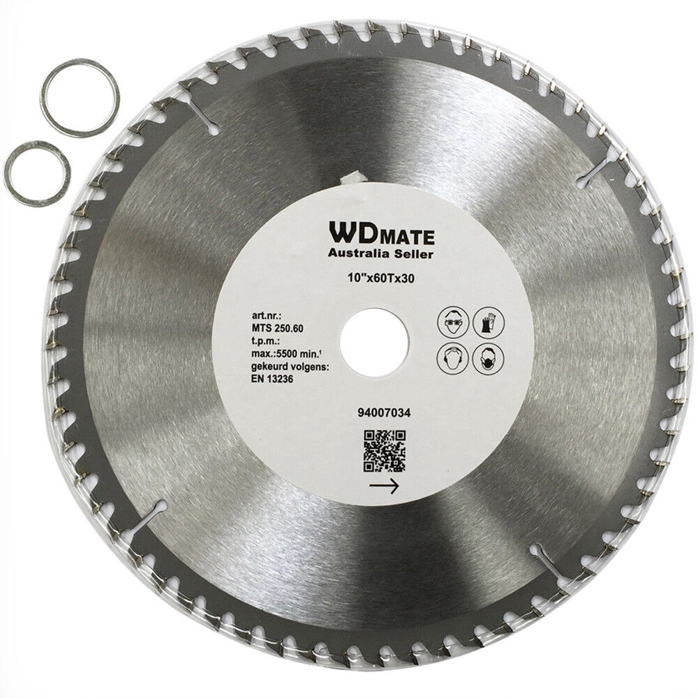 Close-up of a 2x TCT Circular Wood Saw Blade Cutting Disc 60T 10" 250mm TCT Timber ATB Sharp labeled "WDMate Australia Seller" with specifications including 10" x 60T x 30. This general-purpose blade for wood has multiple teeth, a center hole, and two small metal rings beside it. Various icons and a QR code are printed on the blade's center.