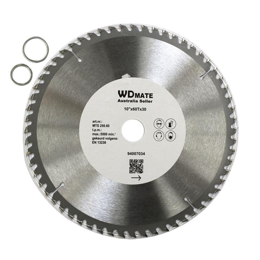 Close-up of a 2x TCT Circular Wood Saw Blade Cutting Disc 60T 10" 250mm TCT Timber ATB Sharp labeled "WDMate Australia Seller" with specifications including 10" x 60T x 30. This general-purpose blade for wood has multiple teeth, a center hole, and two small metal rings beside it. Various icons and a QR code are printed on the blade's center.