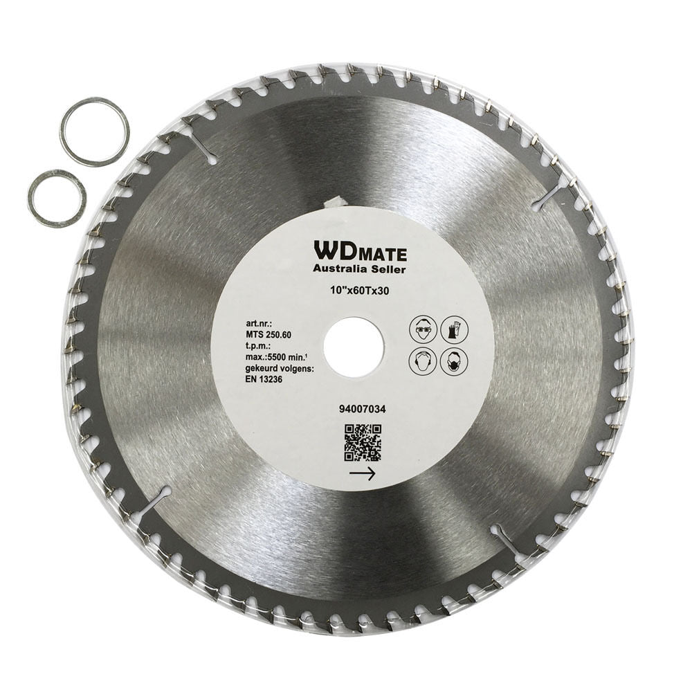 A 3x 250mm 60T Wood Cutting Disc TCT Circular Saw Blade Wheel Cross ATB Timber with 60 sharp, tungsten carbide-tipped teeth and the brand name "WDMATE" printed in the center. Designed for wood cutting, it has a diameter of 10 inches and a max RPM of 5500. Blade specifications are clearly listed. Two ring spacers accompany the blade.