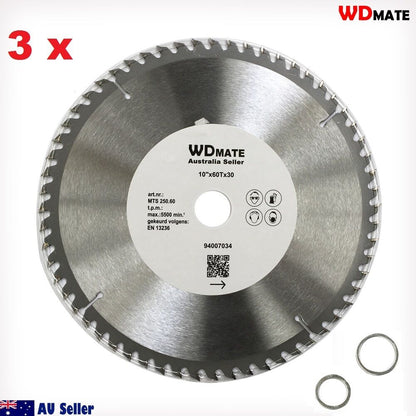 A 3x 250mm 60T Wood Cutting Disc TCT Circular Saw Blade Wheel Cross ATB Timber with 60 sharp, tungsten carbide-tipped teeth and the brand name "WDMATE" printed in the center. Designed for wood cutting, it has a diameter of 10 inches and a max RPM of 5500. Blade specifications are clearly listed. Two ring spacers accompany the blade.