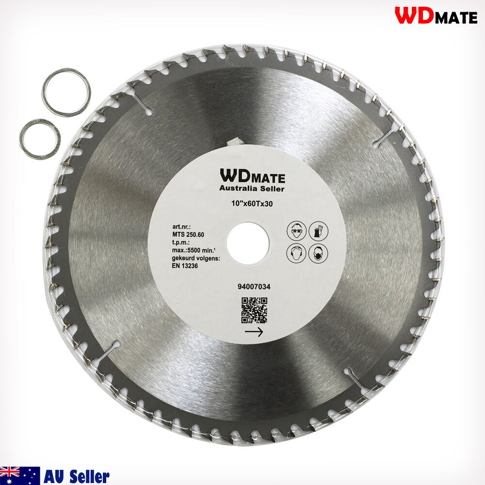 A 3x 250mm 60T Wood Cutting Disc TCT Circular Saw Blade Wheel Cross ATB Timber with 60 sharp, tungsten carbide-tipped teeth and the brand name "WDMATE" printed in the center. Designed for wood cutting, it has a diameter of 10 inches and a max RPM of 5500. Blade specifications are clearly listed. Two ring spacers accompany the blade.