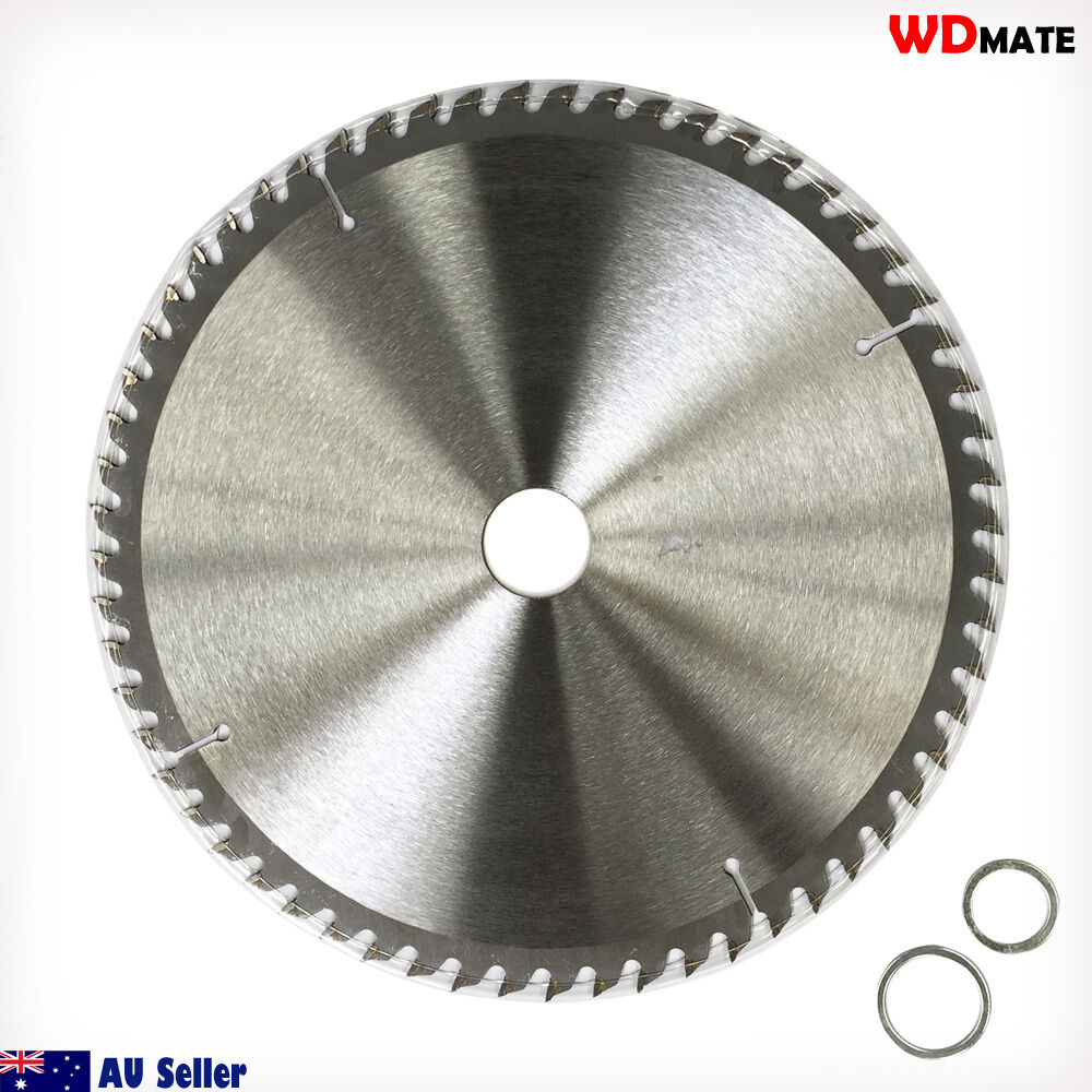 A 3x 250mm 60T Wood Cutting Disc TCT Circular Saw Blade Wheel Cross ATB Timber with 60 sharp, tungsten carbide-tipped teeth and the brand name "WDMATE" printed in the center. Designed for wood cutting, it has a diameter of 10 inches and a max RPM of 5500. Blade specifications are clearly listed. Two ring spacers accompany the blade.