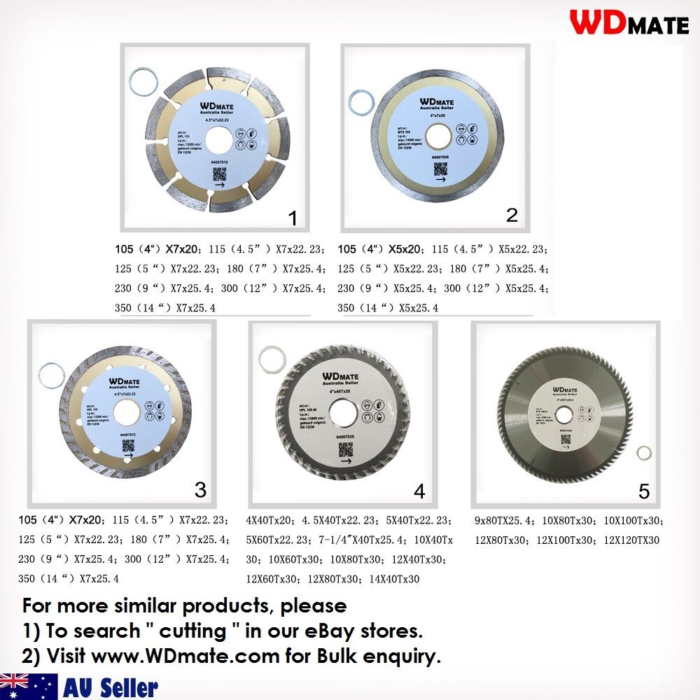 A 3x 250mm 60T Wood Cutting Disc TCT Circular Saw Blade Wheel Cross ATB Timber with 60 sharp, tungsten carbide-tipped teeth and the brand name "WDMATE" printed in the center. Designed for wood cutting, it has a diameter of 10 inches and a max RPM of 5500. Blade specifications are clearly listed. Two ring spacers accompany the blade.