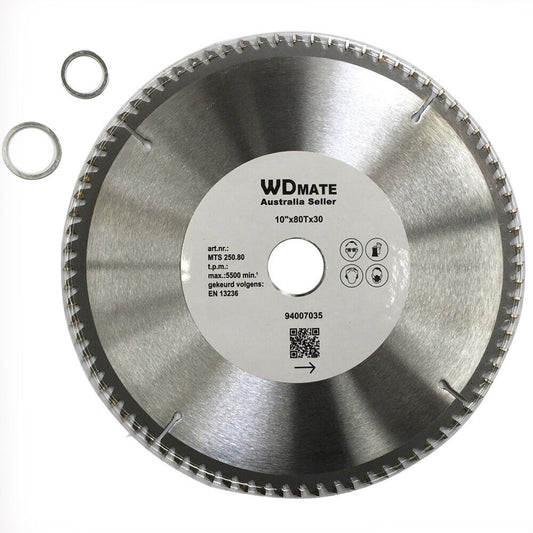 A silver Circular Saw Blade Wood Cutting DISC 250mm 80T TCT ATB 1.8*30/25.4 Wheel WDMATE features the text "Australia Seller" at the center. The numbers 10"x80T x30 and other specifications are visible. Two small metal washers accompany this high-quality cross-cutting wheel, perfect for precise cuts.