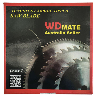 A silver Circular Saw Blade Wood Cutting DISC 250mm 80T TCT ATB 1.8*30/25.4 Wheel WDMATE features the text "Australia Seller" at the center. The numbers 10"x80T x30 and other specifications are visible. Two small metal washers accompany this high-quality cross-cutting wheel, perfect for precise cuts.