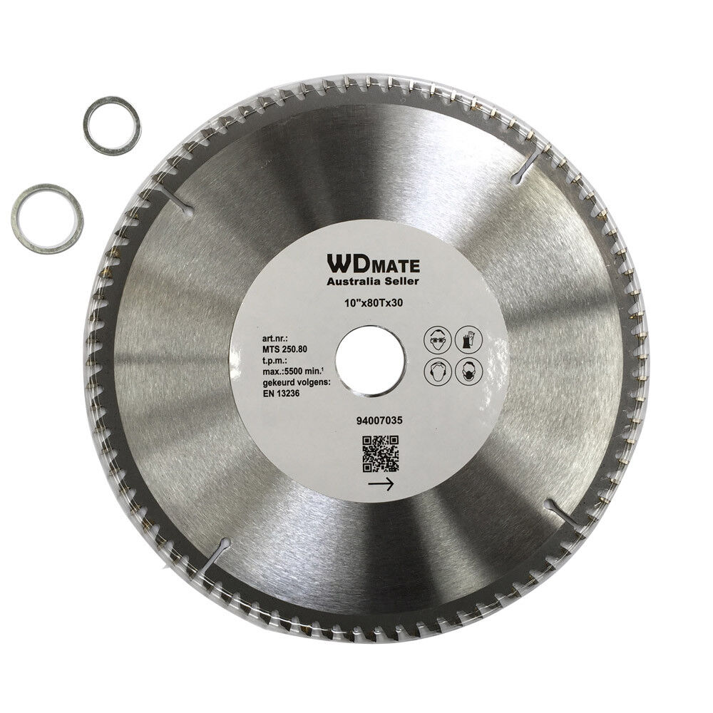 A silver Circular Saw Blade Wood Cutting DISC 250mm 80T TCT ATB 1.8*30/25.4 Wheel WDMATE features the text "Australia Seller" at the center. The numbers 10"x80T x30 and other specifications are visible. Two small metal washers accompany this high-quality cross-cutting wheel, perfect for precise cuts.