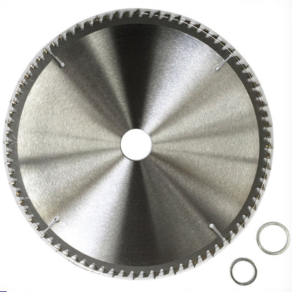 A circular saw blade labeled "4x 250mm 80T Wood Cutting DISC TCT Circular Saw Blade ATB 1.8*30/25.4 Wheel" with specifications written on it, including "10''x80Tx30" and "max 5500 min⁻¹." This tungsten carbide tipped blade has 80 teeth and comes with two metal washers next to it. The center hole features a barcode and additional numbers.