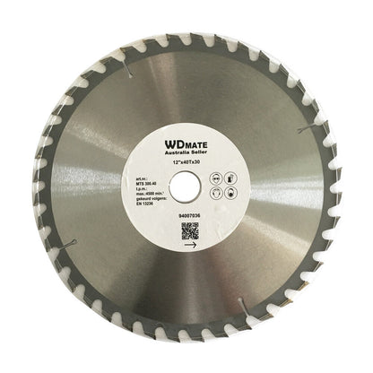 A 300mm 40T Timber Cutting Circular Saw Blade TCT Wheel 12" 30/25.4/20mm Wood ATB with a silver metallic finish, featuring sharp teeth around its edge. The center has a white label with text, including "WDMATE Australia Seller," specifications, and a QR code. This tungsten carbide tipped blade is 12 inches (305 mm) with a 30 mm arbor, perfect for general purpose wood cutting.