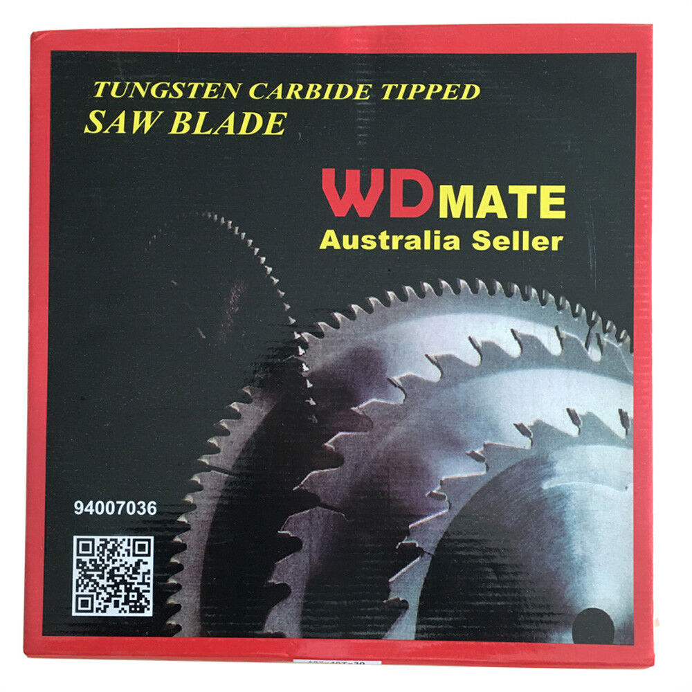 A 300mm 40T Timber Cutting Circular Saw Blade TCT Wheel 12" 30/25.4/20mm Wood ATB with a silver metallic finish, featuring sharp teeth around its edge. The center has a white label with text, including "WDMATE Australia Seller," specifications, and a QR code. This tungsten carbide tipped blade is 12 inches (305 mm) with a 30 mm arbor, perfect for general purpose wood cutting.