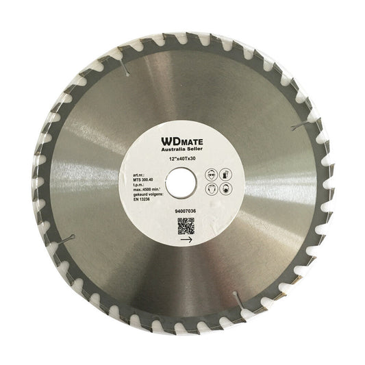 A 2x Timber Cutting Saw Blade 300mm 40T TCT Circular Wheel 12" 30mm Wood ATB Sharp with tungsten carbide tipped, metallic, toothed edges and a labeled center. The label reads "WDMATE Australia Seller" and includes specifications such as "12"x30Tx30," "Max 4500 min-1," and "Wet & Dry Use." Ideal for wood cutting, the center also features a QR code and an arrow.