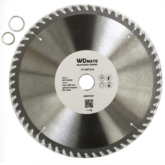 A Timber Cutting Disc Wheel 12" 300mm Circular Saw Blade 60T 30mm ATB Wood Sharp with a label in the center reading "WDMATE Australia Seller." The tungsten carbide tipped blade boasts numerous sharp teeth around the edge. Two small metal washers are placed next to the blade.