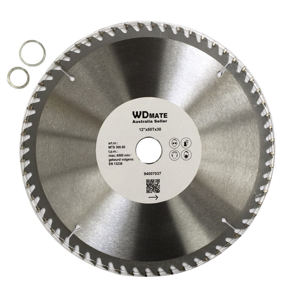 A Timber Cutting Disc Wheel 12" 300mm Circular Saw Blade 60T 30mm ATB Wood Sharp with a label in the center reading "WDMATE Australia Seller." The tungsten carbide tipped blade boasts numerous sharp teeth around the edge. Two small metal washers are placed next to the blade.