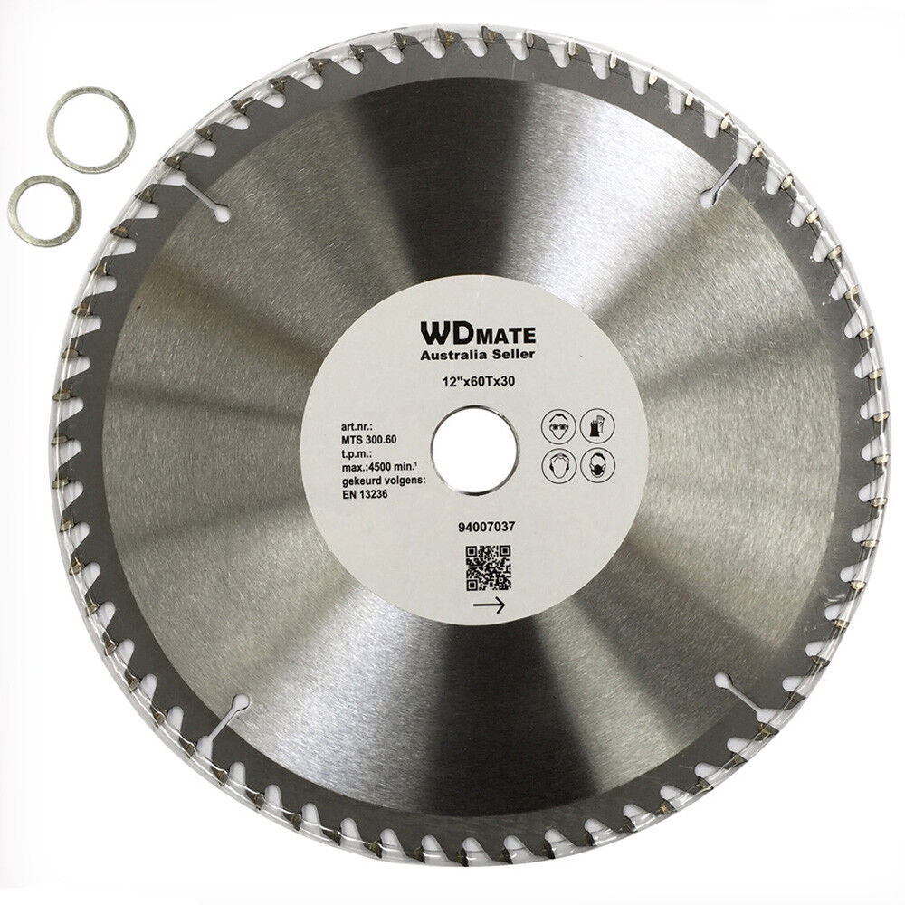 A 2x Timber Cutting Disc Wheel 12" 300mm Circular Saw Blade 60T 30mm ATB Sharp TCT from WDMate with numerous teeth around its edge. The label features various specifications, a QR code, and two washer rings beside it, indicating it's general purpose for wood.