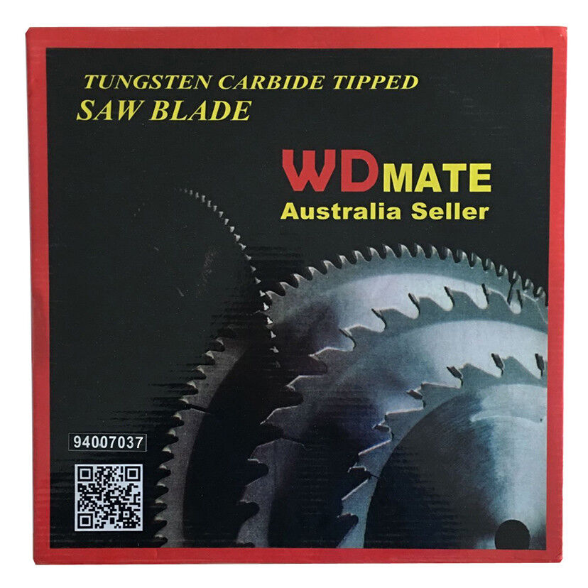 A 2x Timber Cutting Disc Wheel 12" 300mm Circular Saw Blade 60T 30mm ATB Sharp TCT from WDMate with numerous teeth around its edge. The label features various specifications, a QR code, and two washer rings beside it, indicating it's general purpose for wood.