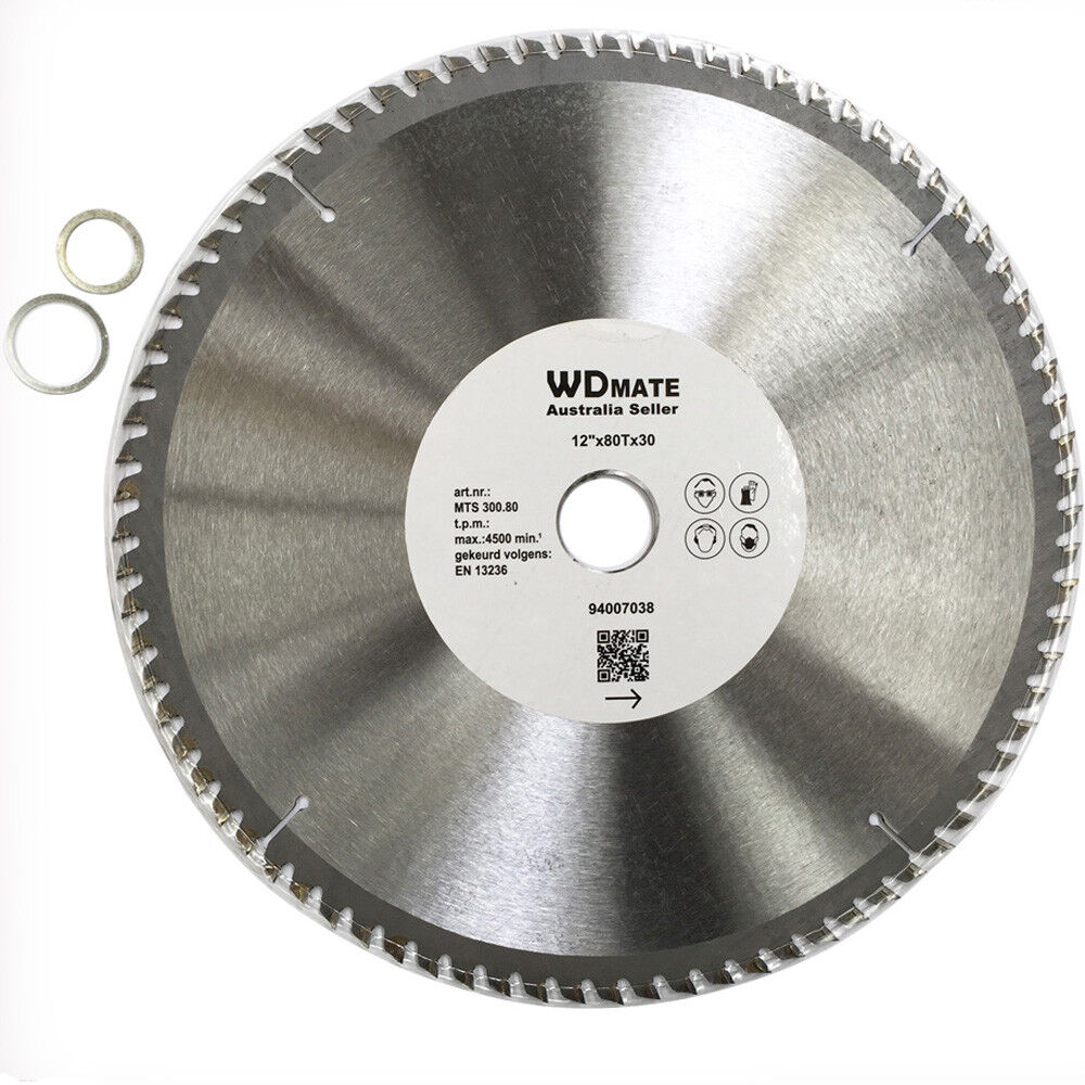 A Wood Cutting Disc Wheel 300mm 12" 80T Circular Saw Blade 30/20mm 4500prm Timber labeled "WDMATE Australian Seller" with specifications including 12" x 80T x 30, a maximum speed of 5500 RPM, and laser-etched tungsten carbide tipped teeth. This precise cross-cutting wheel features two small rings placed beside the blade for enhanced stability.