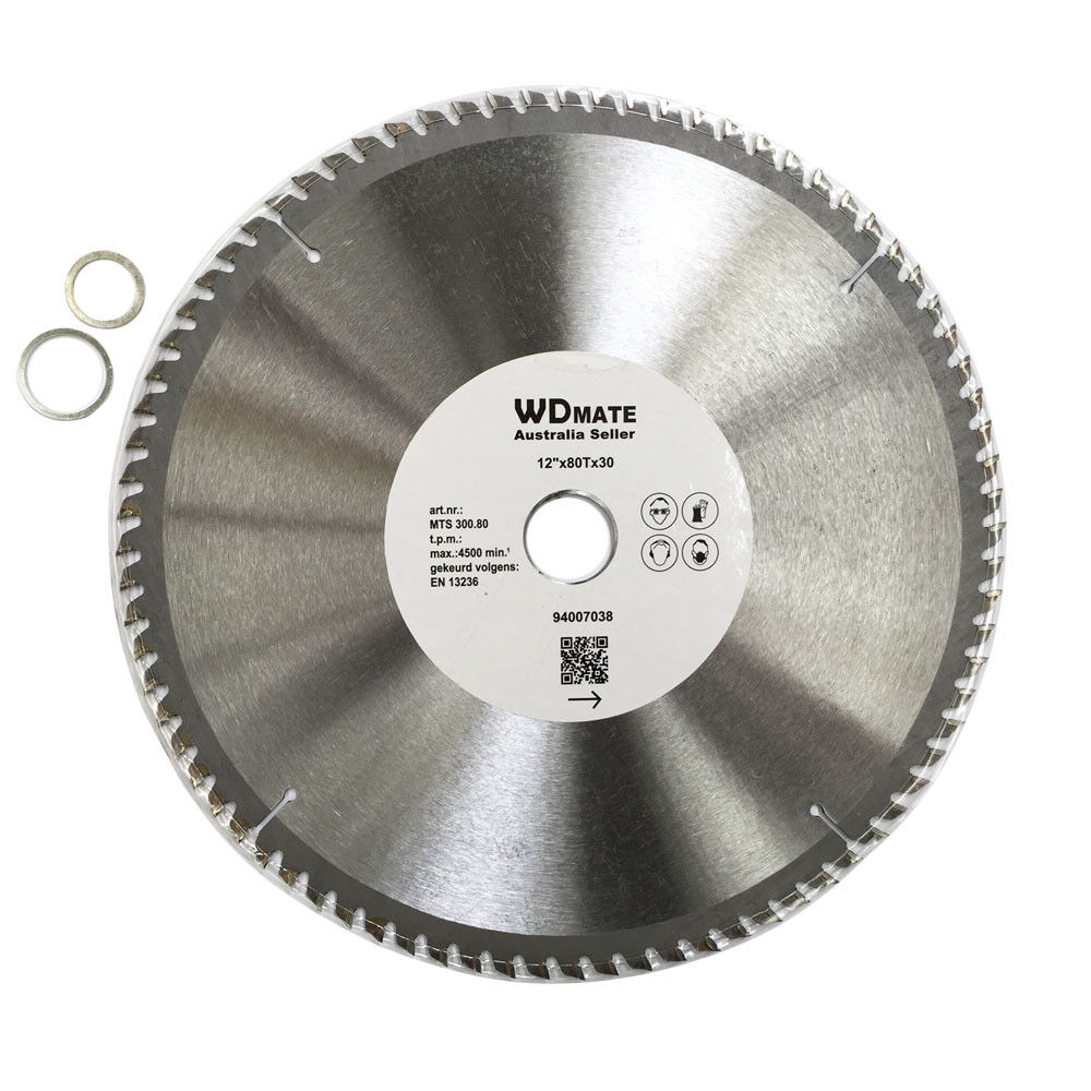 A Wood Cutting Disc Wheel 300mm 12" 80T Circular Saw Blade 30/20mm 4500prm Timber labeled "WDMATE Australian Seller" with specifications including 12" x 80T x 30, a maximum speed of 5500 RPM, and laser-etched tungsten carbide tipped teeth. This precise cross-cutting wheel features two small rings placed beside the blade for enhanced stability.