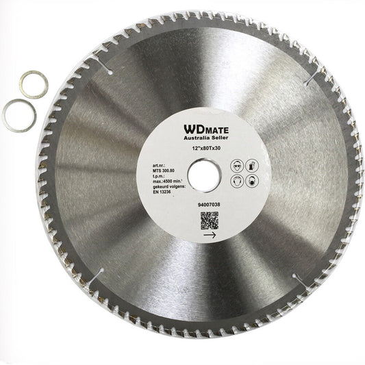 Circular saw blade with the brand name "WDMATE" visible on a white label in the center. The 2x Wood Saw Blade Cutting Disc Wheel 12" 300mm 80T TCT Circular ATB Sharp WDMATE has a diameter of 12 inches with 80 teeth, perfect for wood cutting. Two washer rings are beside it, and the blade is marked with safety and product information.