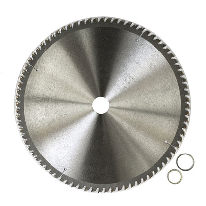 A silver 3x Wood 300mm 80T Circular Saw Cutting Disc 12" Wheel Blade Timber 30mm 4500prm with serrated edges and a white center displaying technical specifications, including "12"x80Tx30" and other details. This tungsten carbide tipped cross cutting wheel comes with two metal washers placed to the left of the blade.