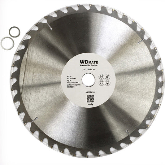 A 350mm 40T Wood Cutting Circular Saw Blade CUT TCT 2.2mm 14 30/25.4mm ATB Timber with a metallic, reflective surface and sharp teeth around the edges. The blade has a label in the center with text and a QR code. Two small metal washers are placed beside the blade. The brand name "WDMate" is visible on the label.