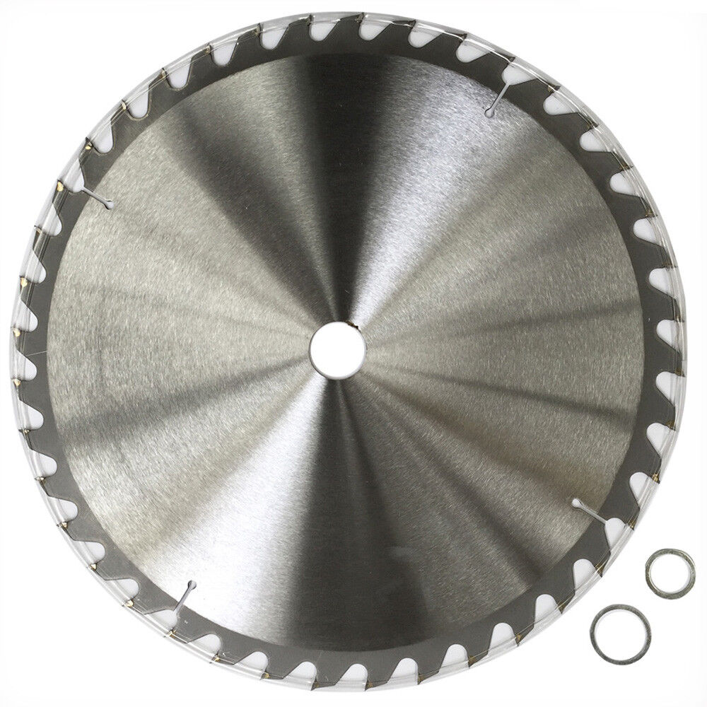 A 2x Wood Cutting Circular Saw Blade 350mm 40T TCT 14" Cross 30mm Timber Sharp ATB with a central white label displaying "WDMATE Australia Seller." The blade, designed for general purpose wood cutting, has evenly spaced teeth around its edge. Two small metal rings are placed to the left of the blade. The label includes various specifications and a QR code.