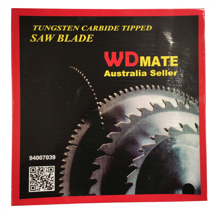 A 2x Wood Cutting Circular Saw Blade 350mm 40T TCT 14" Cross 30mm Timber Sharp ATB with a central white label displaying "WDMATE Australia Seller." The blade, designed for general purpose wood cutting, has evenly spaced teeth around its edge. Two small metal rings are placed to the left of the blade. The label includes various specifications and a QR code.